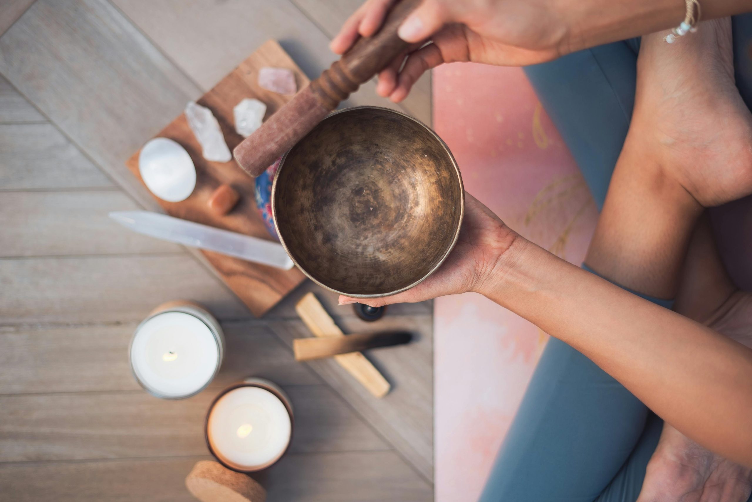 Experience tranquility with a Tibetan singing bowl and meditation setup, enhancing your spiritual practice.