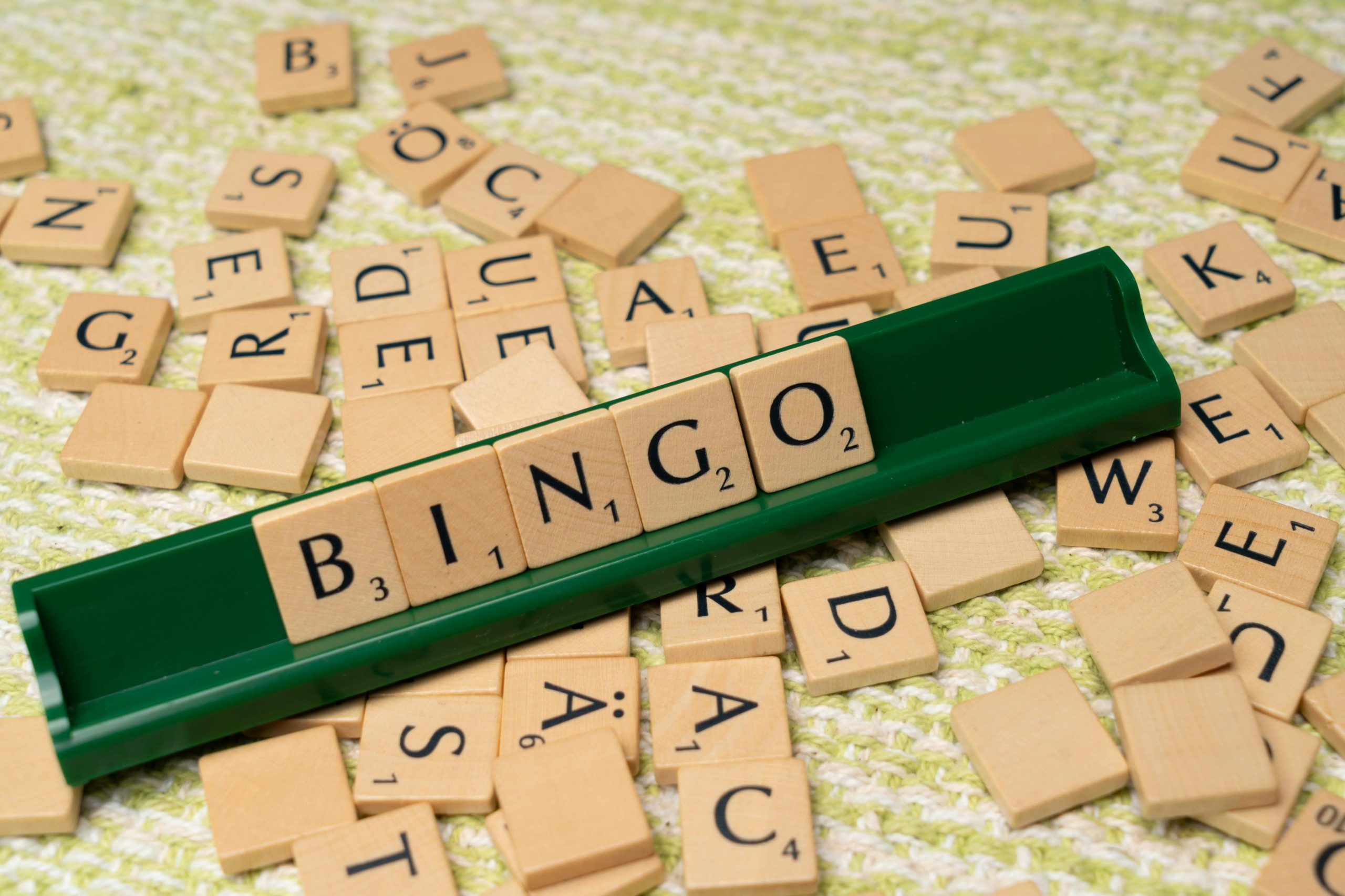 Wooden Scrabble tiles arranged to spell 'BINGO' on a green rack.
